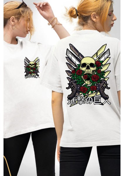 Gül ve Iskelet Beyaz Oversize Kadın Erkek Ön ve Sırt Baskılı Tişört fırsatları