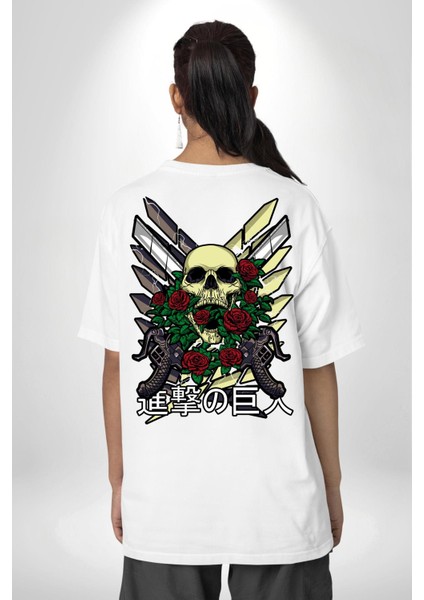 Gül ve Iskelet Beyaz Oversize Kadın Erkek Ön ve Sırt Baskılı Tişört indirimleri