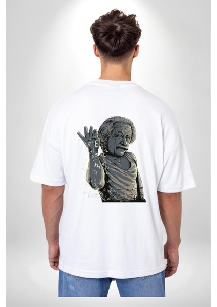 Einstein Bilim ve Formüllerle Evrende Bir Devrim Beyaz Oversize Kadın Erkek Ön ve Sırt Baskılı Tişört indirimleri
