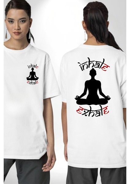 Meditasyon ve Yoga Yazılı Minimalist Beyaz Oversize Kadın Erkek Ön ve Sırt Baskılı Tişört
