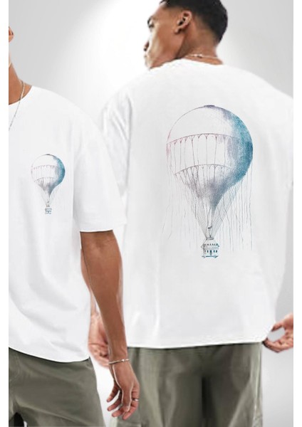 Antik Sıcak Hava Balonu Dijital Sanat Beyaz Oversize Kadın Erkek Ön ve Sırt Baskılı Tişört