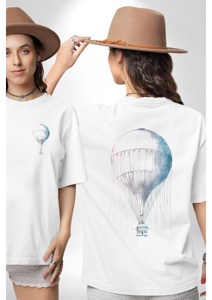 Antik Sıcak Hava Balonu Dijital Sanat Beyaz Oversize Kadın Erkek Ön ve Sırt Baskılı Tişört fırsatları
