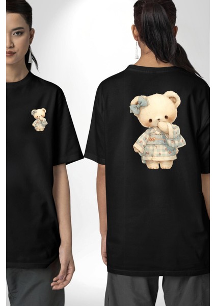 Mavi Kare Desenli Ayıcık Kawaii Stil Siyah Oversize Kadın Erkek Ön ve Sırt Baskılı Tişört