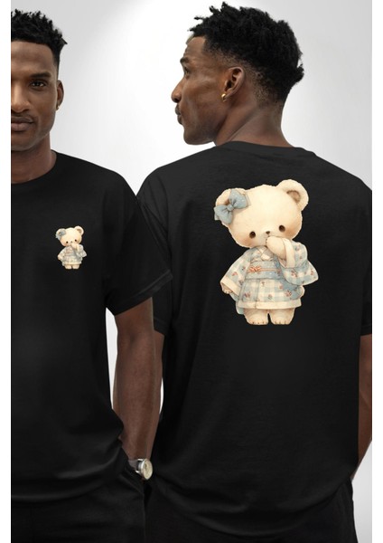 Mavi Kare Desenli Ayıcık Kawaii Stil Siyah Oversize Kadın Erkek Ön ve Sırt Baskılı Tişört fırsatları