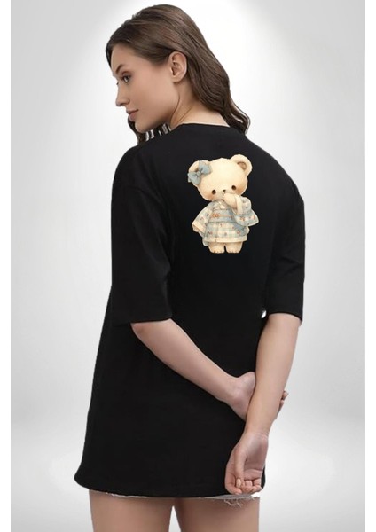 Mavi Kare Desenli Ayıcık Kawaii Stil Siyah Oversize Kadın Erkek Ön ve Sırt Baskılı Tişört indirimleri