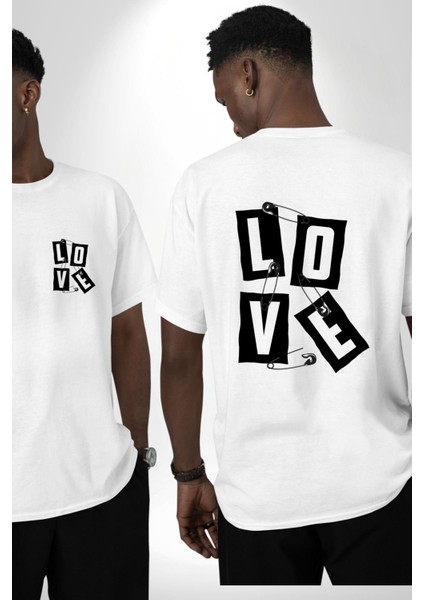 Love Cengelli Iğne Aşk Beyaz Oversize Kadın Erkek Ön ve Sırt Baskılı Tişört