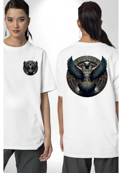 Nemty Tanrısı Seyahat ve Güven Mısır Beyaz Oversize Kadın Erkek Ön ve Sırt Baskılı Tişört fırsatları