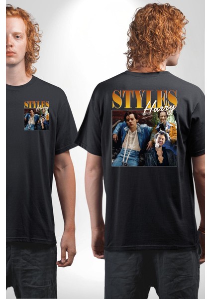 Harry Styles Moda Popüler Şarkıcı Siyah Oversize Kadın Erkek Ön ve Sırt Baskılı Tişört