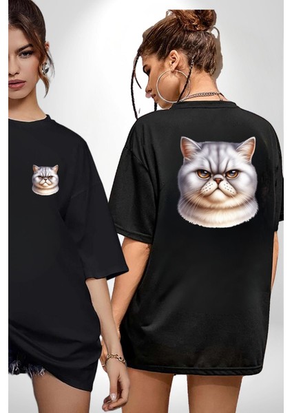 Sert Bakışlar Bu Kedi Şefkatten Uzak Siyah Oversize Kadın Erkek Ön ve Sırt Baskılı Tişört