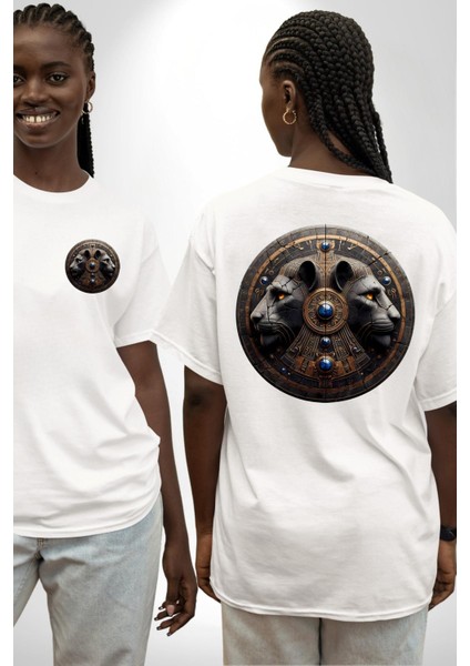 Kutsal Aslan ve Mitoloji Mısır Piramit Tanrısı Beyaz Oversize Kadın Erkek Ön ve Sırt Baskılı Tişört