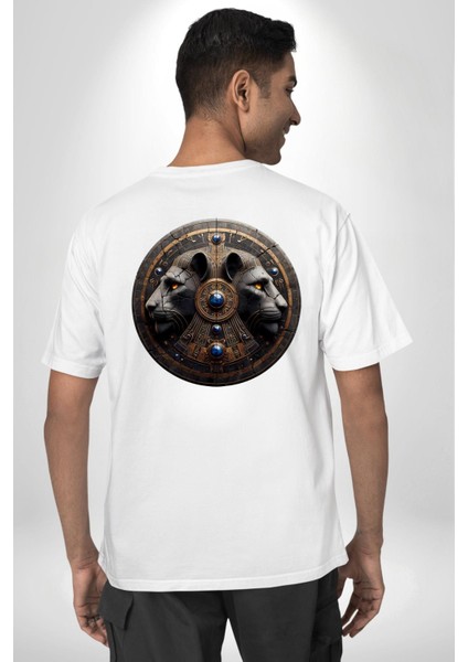 Kutsal Aslan ve Mitoloji Mısır Piramit Tanrısı Beyaz Oversize Kadın Erkek Ön ve Sırt Baskılı Tişört fiyatları