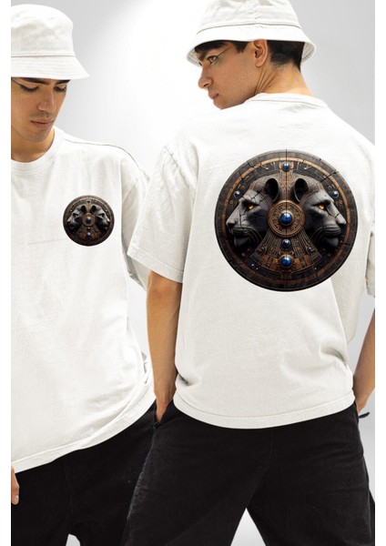 Kutsal Aslan ve Mitoloji Mısır Piramit Tanrısı Beyaz Oversize Kadın Erkek Ön ve Sırt Baskılı Tişört fırsatları