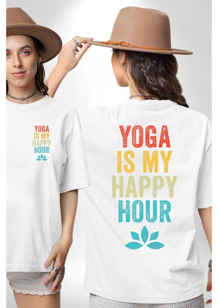 Yoga Tutkusu ve Mutluluk Saati Beyaz Oversize Kadın Erkek Ön ve Sırt Baskılı Tişört