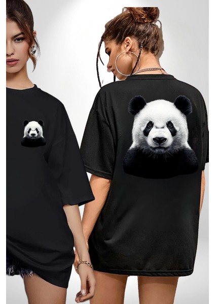 Siyah Beyaz Panda Siyah Oversize Kadın Erkek Ön ve Sırt Baskılı Tişört