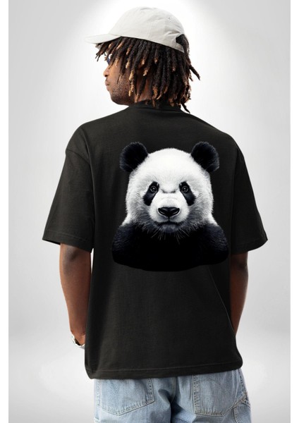 Siyah Beyaz Panda Siyah Oversize Kadın Erkek Ön ve Sırt Baskılı Tişört fiyatları