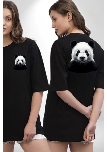 Siyah Beyaz Panda Siyah Oversize Kadın Erkek Ön ve Sırt Baskılı Tişört fırsatları