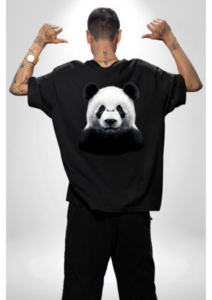 Siyah Beyaz Panda Siyah Oversize Kadın Erkek Ön ve Sırt Baskılı Tişört indirimleri