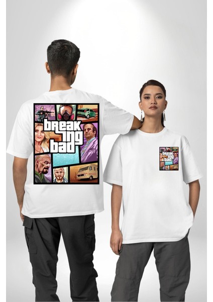 Breaking Bad Karakter Gta Tarzı Beyaz Oversize Kadın Erkek Ön ve Sırt Baskılı Tişört fırsatları