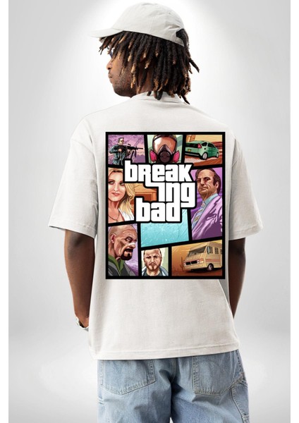 Breaking Bad Karakter Gta Tarzı Beyaz Oversize Kadın Erkek Ön ve Sırt Baskılı Tişört indirimleri