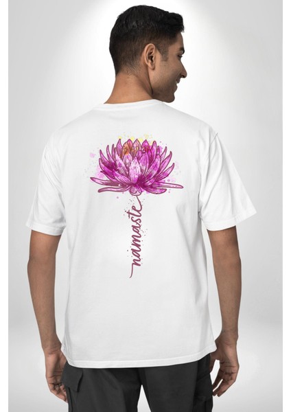 Mor Lotus Çiçeği ve Namaste Yazılı Yoga Beyaz Oversize Kadın Erkek Ön ve Sırt Baskılı Tişört fiyatları