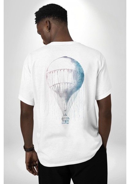 Antik Sıcak Hava Balonu Dijital Sanat Beyaz Oversize Kadın Erkek Ön ve Sırt Baskılı Tişört indirimleri
