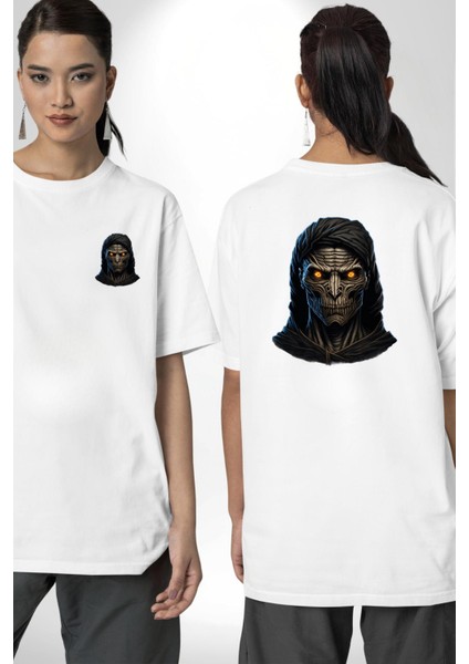Karanlık Halloween Gotik Beyaz Hooded Kafatası Beyaz Oversize Kadın Erkek Ön ve Sırt Baskılı Tişört fırsatları