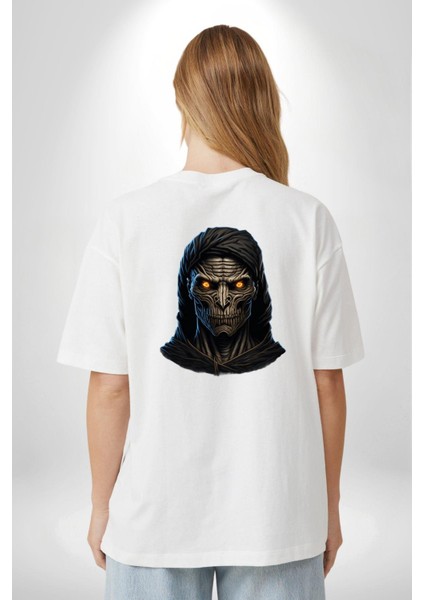 Karanlık Halloween Gotik Beyaz Hooded Kafatası Beyaz Oversize Kadın Erkek Ön ve Sırt Baskılı Tişört indirimleri