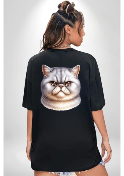 Sert Bakışlar Bu Kedi Şefkatten Uzak Siyah Oversize Kadın Erkek Ön ve Sırt Baskılı Tişört