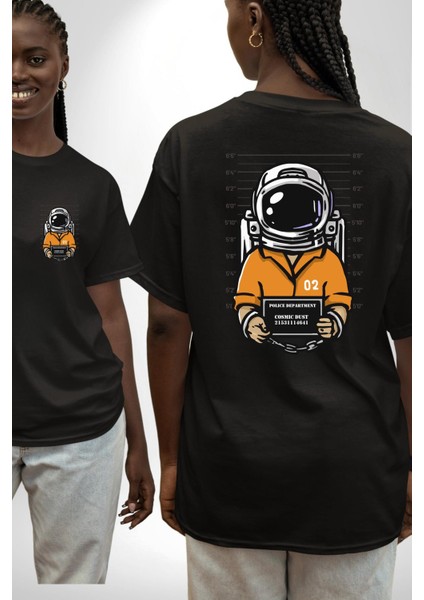 Uzay Polisi Astronot Siyah Oversize Kadın Erkek Ön ve Sırt Baskılı Tişört