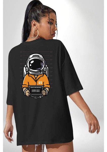 Uzay Polisi Astronot Siyah Oversize Kadın Erkek Ön ve Sırt Baskılı Tişört fiyatları