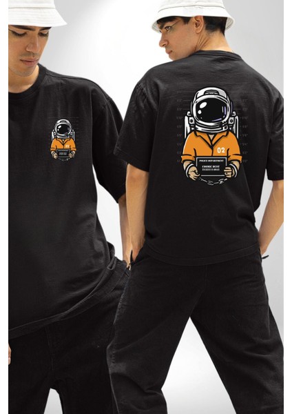Uzay Polisi Astronot Siyah Oversize Kadın Erkek Ön ve Sırt Baskılı Tişört fırsatları