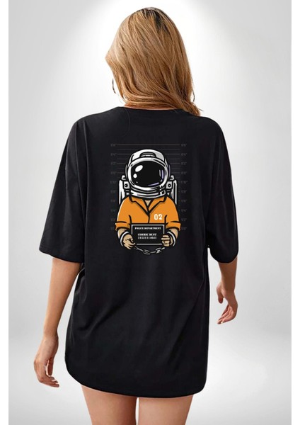 Uzay Polisi Astronot Siyah Oversize Kadın Erkek Ön ve Sırt Baskılı Tişört indirimleri