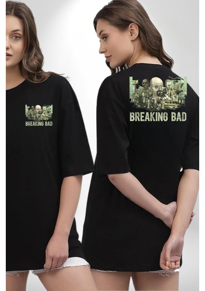 Breaking Bad Tarzı Kimya ve Suç Hikayesi Siyah Oversize Kadın Erkek Ön ve Sırt Baskılı Tişört