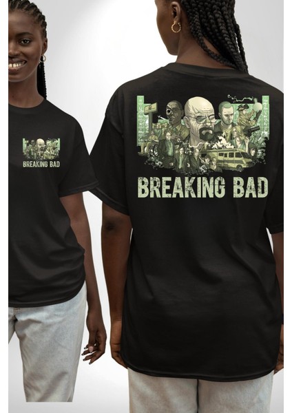 Breaking Bad Tarzı Kimya ve Suç Hikayesi Siyah Oversize Kadın Erkek Ön ve Sırt Baskılı Tişört fırsatları