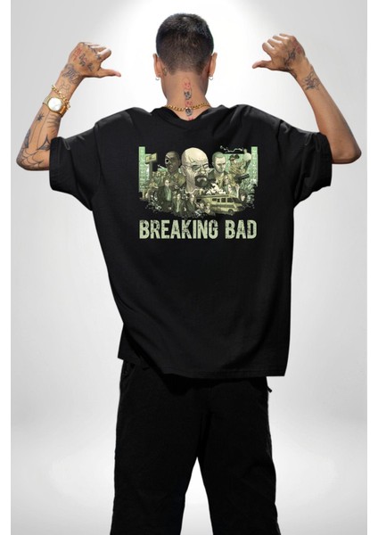 Breaking Bad Tarzı Kimya ve Suç Hikayesi Siyah Oversize Kadın Erkek Ön ve Sırt Baskılı Tişört indirimleri