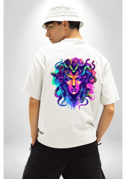 Yılan Saçlı Medusa Beyaz Oversize Kadın Erkek Ön ve Sırt Baskılı Tişört indirimleri