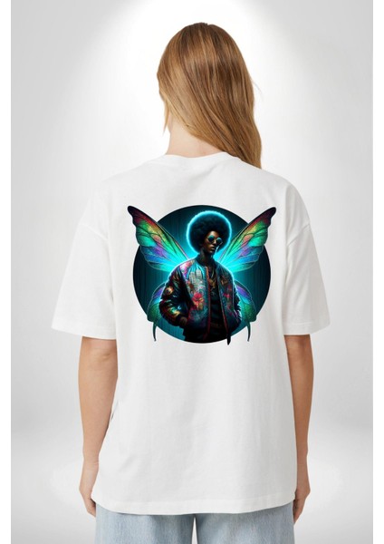 Gözlüklü Kanatlı Modern Erkek Beyaz Oversize Kadın Erkek Ön ve Sırt Baskılı Tişört fiyatları
