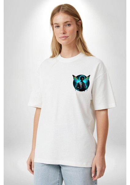 Gözlüklü Kanatlı Modern Erkek Beyaz Oversize Kadın Erkek Ön ve Sırt Baskılı Tişört modelleri