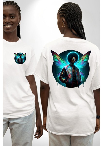 Gözlüklü Kanatlı Modern Erkek Beyaz Oversize Kadın Erkek Ön ve Sırt Baskılı Tişört fırsatları