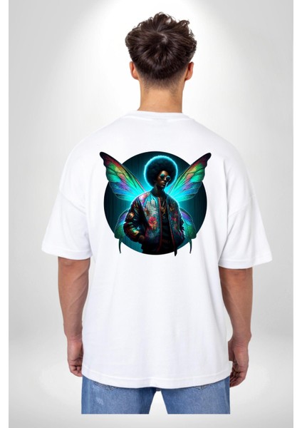 Gözlüklü Kanatlı Modern Erkek Beyaz Oversize Kadın Erkek Ön ve Sırt Baskılı Tişört indirimleri
