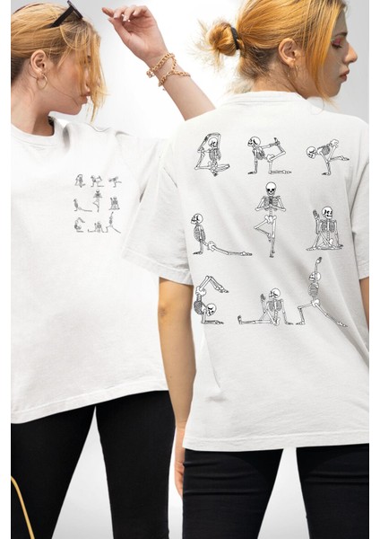 Iskelet Yoga Pozları Beyaz Oversize Kadın Erkek Ön ve Sırt Baskılı Tişört