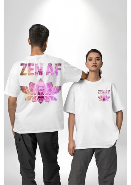 Zen Af Ruhunuza Huzur Katan Tasarım Yoga Beyaz Oversize Kadın Erkek Ön ve Sırt Baskılı Tişört
