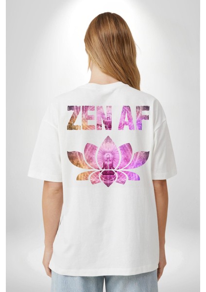 Zen Af Ruhunuza Huzur Katan Tasarım Yoga Beyaz Oversize Kadın Erkek Ön ve Sırt Baskılı Tişört fiyatları