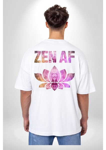 Zen Af Ruhunuza Huzur Katan Tasarım Yoga Beyaz Oversize Kadın Erkek Ön ve Sırt Baskılı Tişört indirimleri