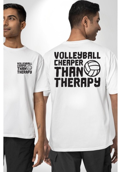 Voleybol Ucuz Terapidir Yazılı Beyaz Oversize Kadın Erkek Ön ve Sırt Baskılı Tişört