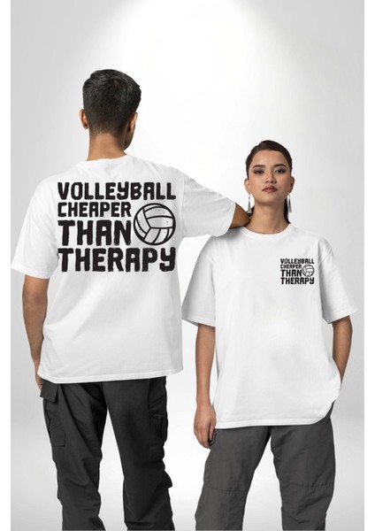 Voleybol Ucuz Terapidir Yazılı Beyaz Oversize Kadın Erkek Ön ve Sırt Baskılı Tişört fırsatları