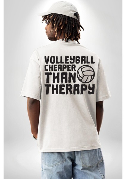 Voleybol Ucuz Terapidir Yazılı Beyaz Oversize Kadın Erkek Ön ve Sırt Baskılı Tişört indirimleri