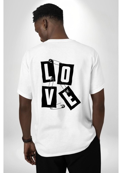 Love Cengelli Iğne Aşk Beyaz Oversize Kadın Erkek Ön ve Sırt Baskılı Tişört indirimleri