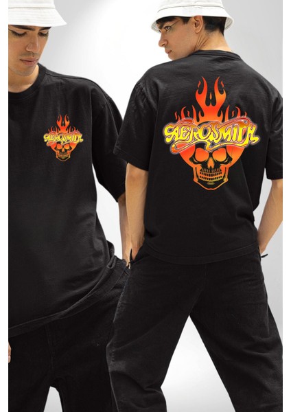 Aerosmith Fire Skull Siyah Oversize Kadın Erkek Ön ve Sırt Baskılı Tişört