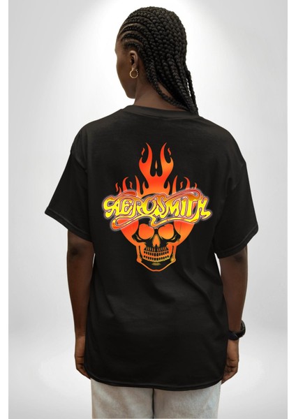 Aerosmith Fire Skull Siyah Oversize Kadın Erkek Ön ve Sırt Baskılı Tişört fiyatları